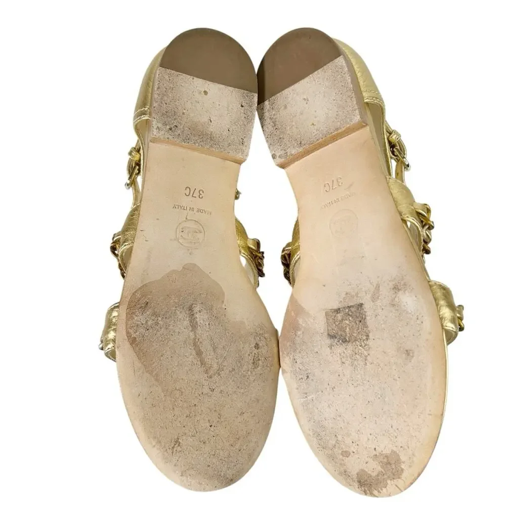 CHANEL Gold Metallic Leather Chain Accent Interlocking CC Flat Sandals